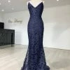 Honey Couture GRETA Blue Lace & Glitter Overlay Mermaid Formal Gown Dress