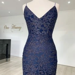 Honey Couture GRETA Blue Lace & Glitter Overlay Mermaid Formal Gown Dress