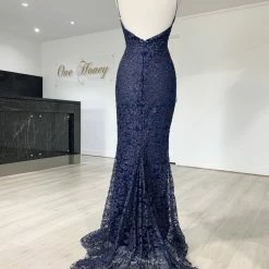 Honey Couture GRETA Blue Lace & Glitter Overlay Mermaid Formal Gown Dress