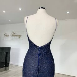 Honey Couture GRETA Blue Lace & Glitter Overlay Mermaid Formal Gown Dress