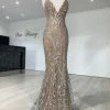 Honey Couture CLARISSA Silver/Nude Glitter Overlay Mermaid Formal Gown Dress