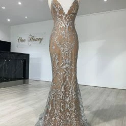 Honey Couture CLARISSA Silver/Nude Glitter Overlay Mermaid Formal Gown Dress