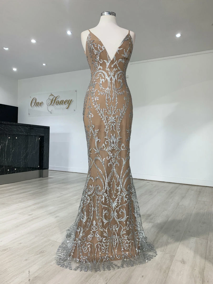 Honey Couture CLARISSA Silver/Nude Glitter Overlay Mermaid Formal Gown Dress 3 Honey Couture CLARISSA Silver/Nude Glitter Overlay Mermaid Formal Gown Dress
