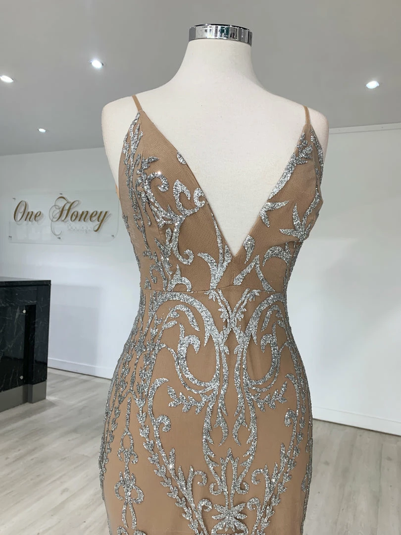 Honey Couture CLARISSA Silver/Nude Glitter Overlay Mermaid Formal Gown Dress 5 Honey Couture CLARISSA Silver/Nude Glitter Overlay Mermaid Formal Gown Dress