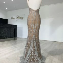 Honey Couture CLARISSA Silver/Nude Glitter Overlay Mermaid Formal Gown Dress