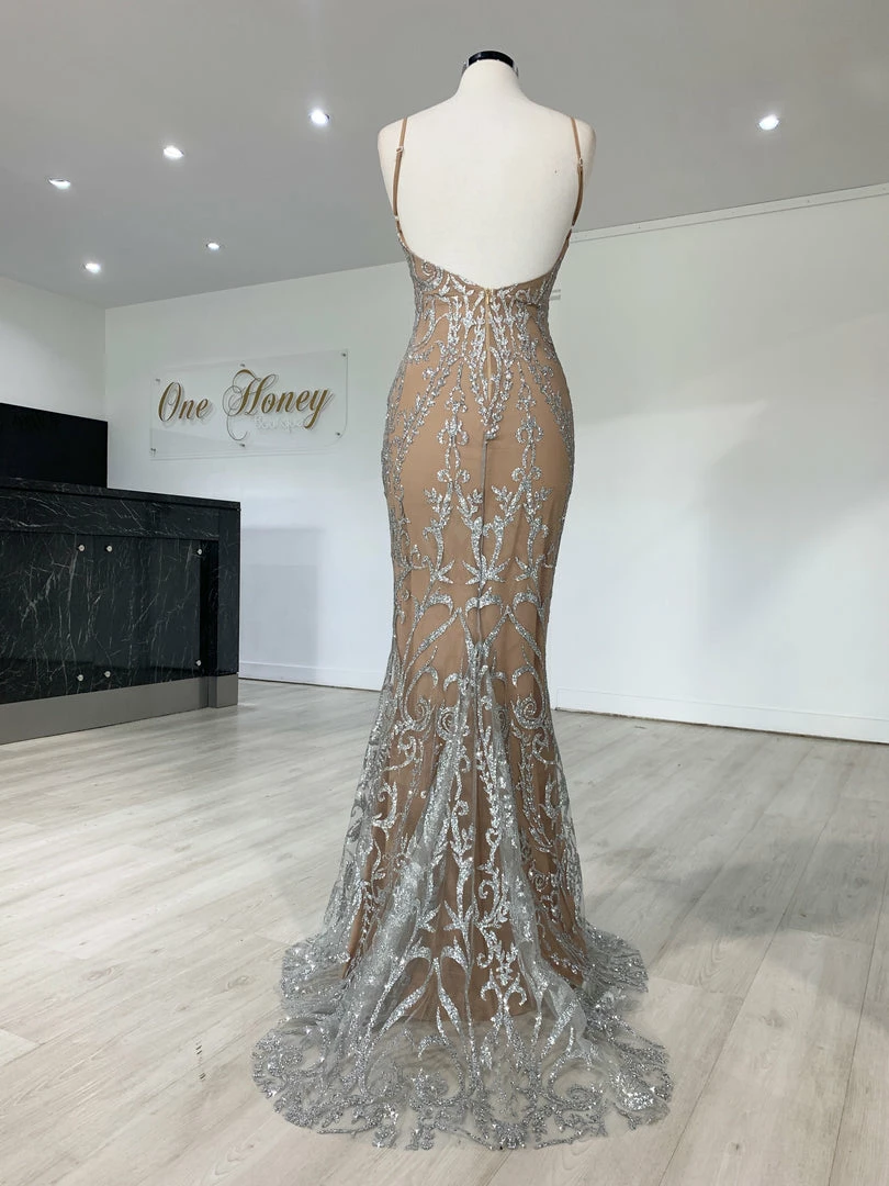 Honey Couture CLARISSA Silver/Nude Glitter Overlay Mermaid Formal Gown Dress 4 Honey Couture CLARISSA Silver/Nude Glitter Overlay Mermaid Formal Gown Dress
