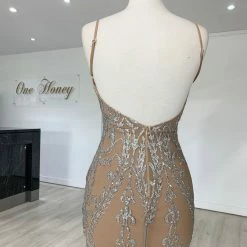 Honey Couture CLARISSA Silver/Nude Glitter Overlay Mermaid Formal Gown Dress 9 Honey Couture CLARISSA Silver/Nude Glitter Overlay Mermaid Formal Gown Dress