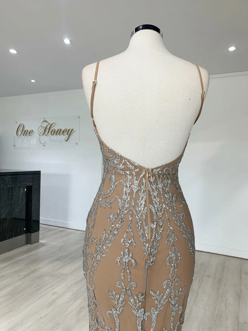 Honey Couture CLARISSA Silver/Nude Glitter Overlay Mermaid Formal Gown Dress 6 Honey Couture CLARISSA Silver/Nude Glitter Overlay Mermaid Formal Gown Dress