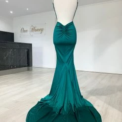 Honey Couture MILEE Emerald Green Low Back Mermaid Evening Gown Dress