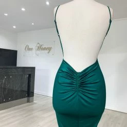 Honey Couture MILEE Emerald Green Low Back Mermaid Evening Gown Dress