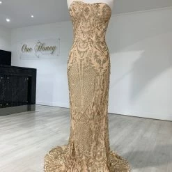 NEW ARRIVALS Honey Couture ALIZEY Gold Glitter Snakeskin Strapless Formal Gown Dress