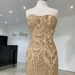NEW ARRIVALS Honey Couture ALIZEY Gold Glitter Snakeskin Strapless Formal Gown Dress
