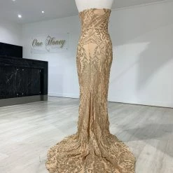 NEW ARRIVALS Honey Couture ALIZEY Gold Glitter Snakeskin Strapless Formal Gown Dress