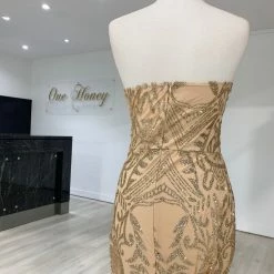 NEW ARRIVALS Honey Couture ALIZEY Gold Glitter Snakeskin Strapless Formal Gown Dress