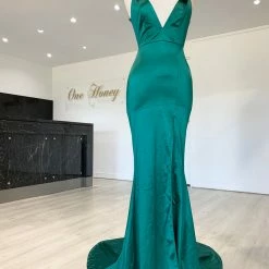 Honey Couture MILEE Emerald Green Low Back Mermaid Evening Gown Dress W Leg Split NEW ARRIVALS