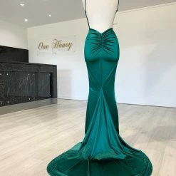 Honey Couture MILEE Emerald Green Low Back Mermaid Evening Gown Dress W Leg Split NEW ARRIVALS