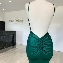 Honey Couture MILEE Emerald Green Low Back Mermaid Evening Gown Dress W Leg Split NEW ARRIVALS