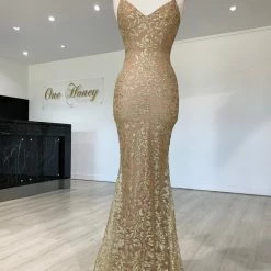 Honey Couture GRETA Gold Lace & Glitter Overlay Mermaid Formal Gown Dress NEW ARRIVALS