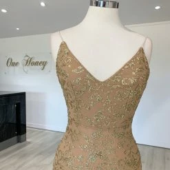Honey Couture GRETA Gold Lace & Glitter Overlay Mermaid Formal Gown Dress NEW ARRIVALS