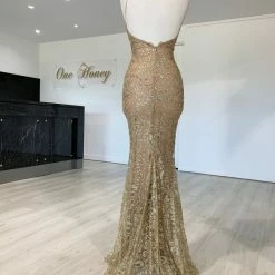 Honey Couture GRETA Gold Lace & Glitter Overlay Mermaid Formal Gown Dress NEW ARRIVALS