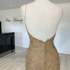 Honey Couture GRETA Gold Lace & Glitter Overlay Mermaid Formal Gown Dress NEW ARRIVALS