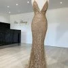 Honey Couture CLARISSA Gold Glitter Overlay Mermaid Formal Gown Dress