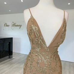Honey Couture CLARISSA Gold Glitter Overlay Mermaid Formal Gown Dress