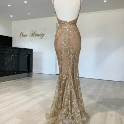 Honey Couture CLARISSA Gold Glitter Overlay Mermaid Formal Gown Dress