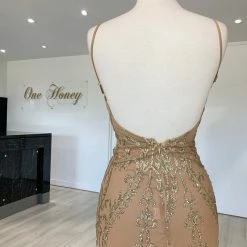 Honey Couture CLARISSA Gold Glitter Overlay Mermaid Formal Gown Dress