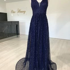 One Honey Boutique MELINA Navy Blue Sequin Glitter Knit Formal Dress NEW ARRIVALS