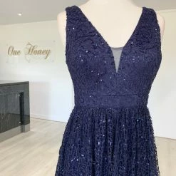 One Honey Boutique MELINA Navy Blue Sequin Glitter Knit Formal Dress NEW ARRIVALS