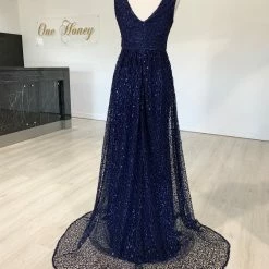 One Honey Boutique MELINA Navy Blue Sequin Glitter Knit Formal Dress NEW ARRIVALS
