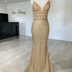 Honey Couture KARMEL Gold Glitter Formal Dress