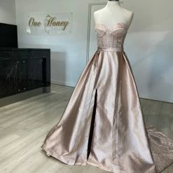Honey Couture Made To Your Measurements Honey Couture DORIT Strapless Bustier W Over Train Skirt Metallic Fabric Formal Dress