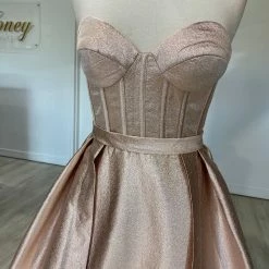 Honey Couture Made To Your Measurements Honey Couture DORIT Strapless Bustier W Over Train Skirt Metallic Fabric Formal Dress
