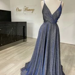 Honey Couture Made To Your Measurements NEW ARRIVALS Honey Couture TAHLIA Glitter Fabric Lace Up Back Formal Dress