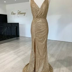 Honey Couture BEYONCE Gold Glitter Split Front Formal Dress