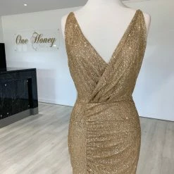 Honey Couture BEYONCE Gold Glitter Split Front Formal Dress