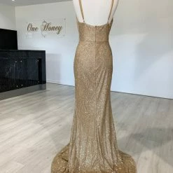 Honey Couture BEYONCE Gold Glitter Split Front Formal Dress