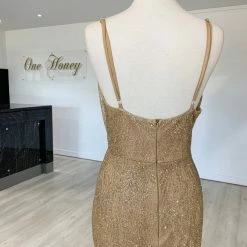 Honey Couture BEYONCE Gold Glitter Split Front Formal Dress