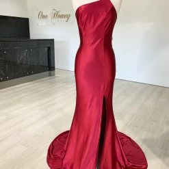 Honey Couture ANNABELL Burgundy One Shoulder Mermaid Evening Gown Dress NEW ARRIVALS