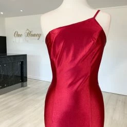 Honey Couture ANNABELL Burgundy One Shoulder Mermaid Evening Gown Dress NEW ARRIVALS