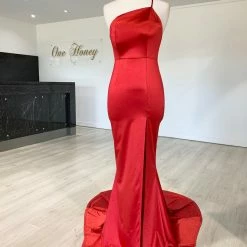 Honey Couture ABIGAIL Red Low Back Mermaid Evening Gown Dress