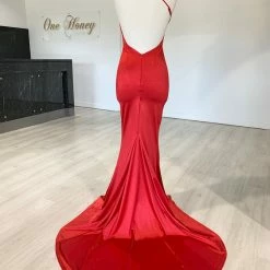 Honey Couture ABIGAIL Red Low Back Mermaid Evening Gown Dress