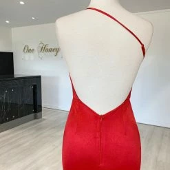 Honey Couture ABIGAIL Red Low Back Mermaid Evening Gown Dress