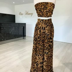 Honey Couture Brown Leopard Tie Bandeau W High Waisted Pants CLOTHING