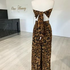Honey Couture Brown Leopard Tie Bandeau W High Waisted Pants CLOTHING