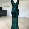 Honey Couture TEMPEST Green & Black Sequin Evening Gown Dress