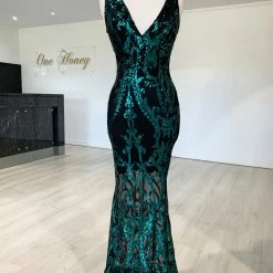 Honey Couture TEMPEST Green & Black Sequin Evening Gown Dress