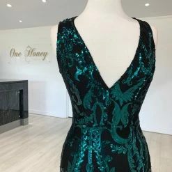 Honey Couture TEMPEST Green & Black Sequin Evening Gown Dress